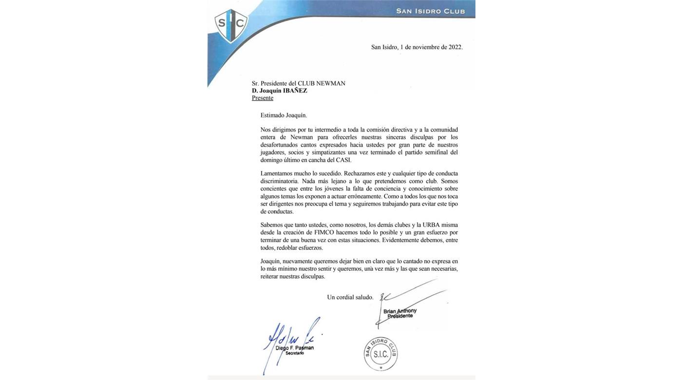 LA DIRIGENCIA DEL SIC LE ENVIÓ UNA CARTA  A NEWMAN PIDIENDO DISCULPAS POR LO OCURRIDO EL DOMINGO