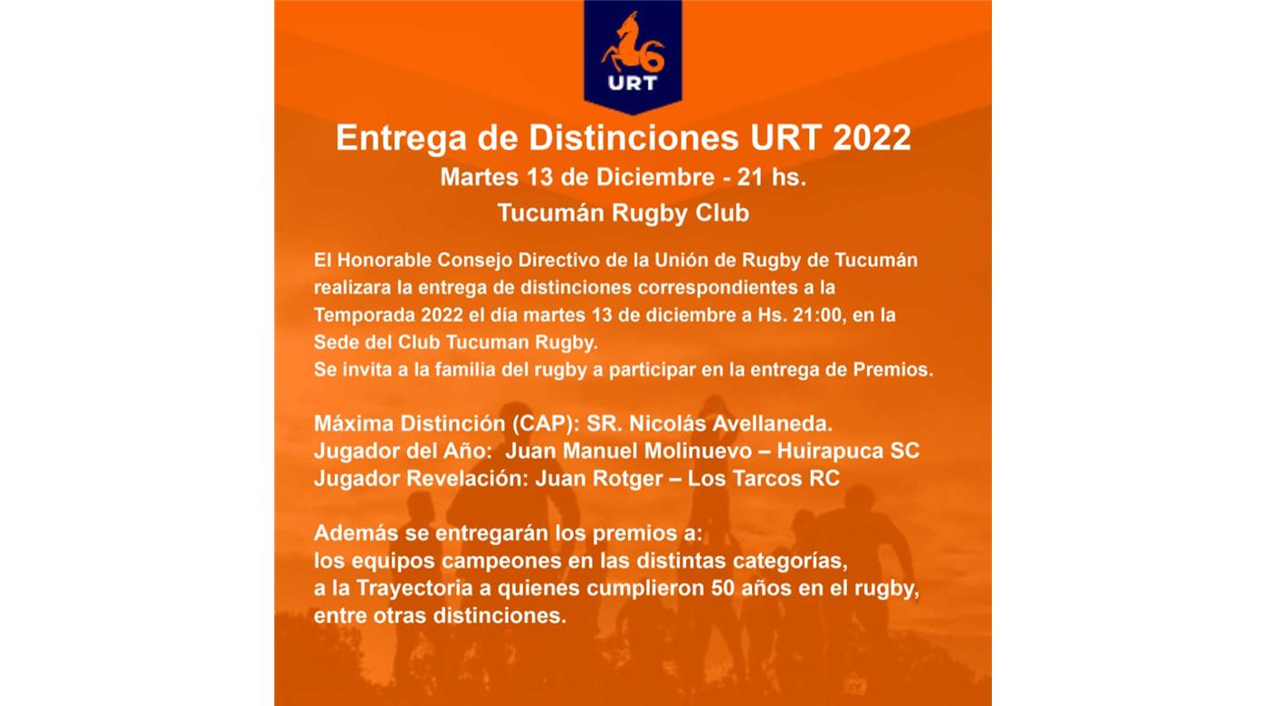 LA UNIÓN TUCUMANA DE RUGBY PREMIARÁ A LOS MEJORES DEL AÑO 2022 