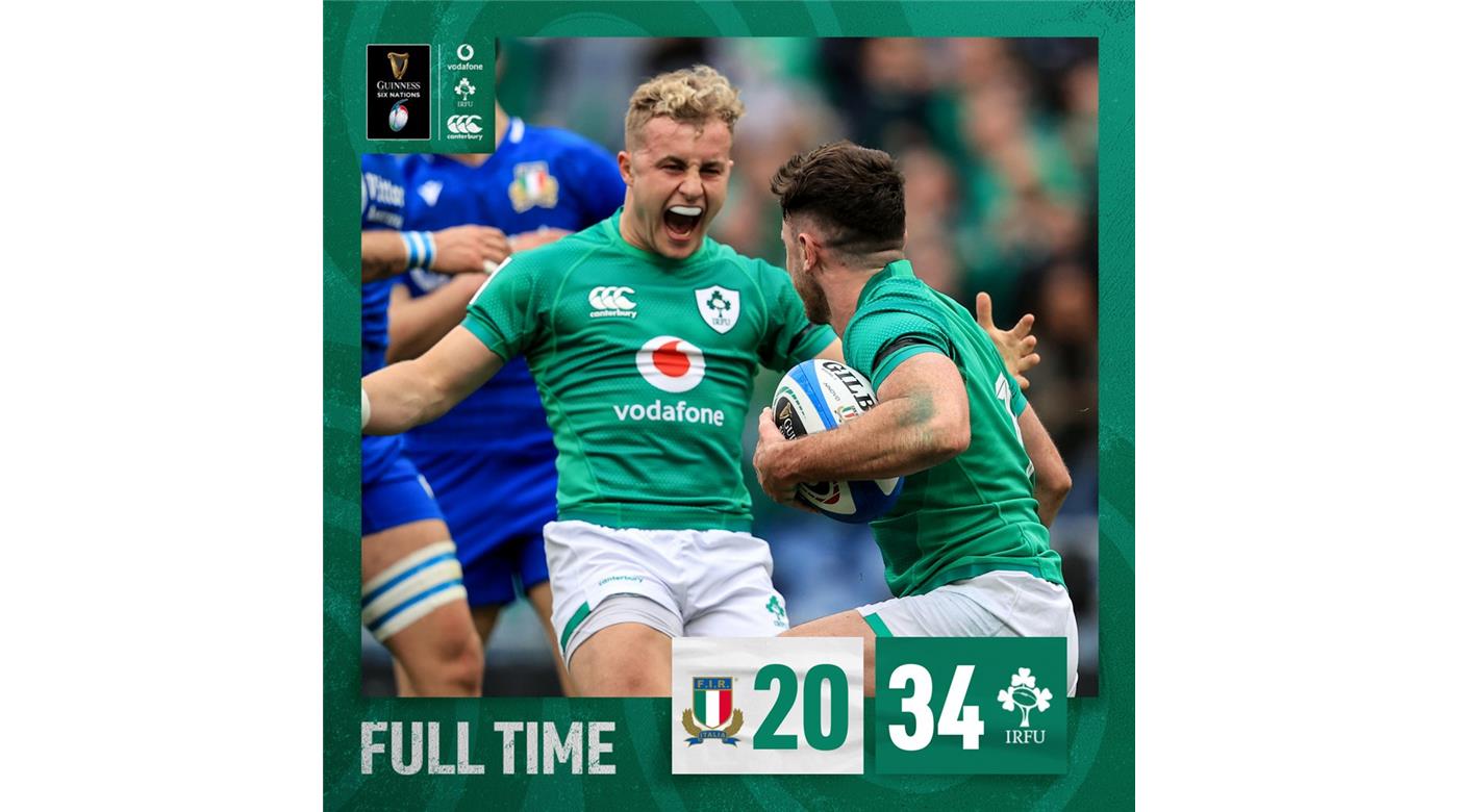 IRLANDA NO DETIENE SU MARCHA, LE GANÓ A ITALIA EN ROMA POR 34 A 20 