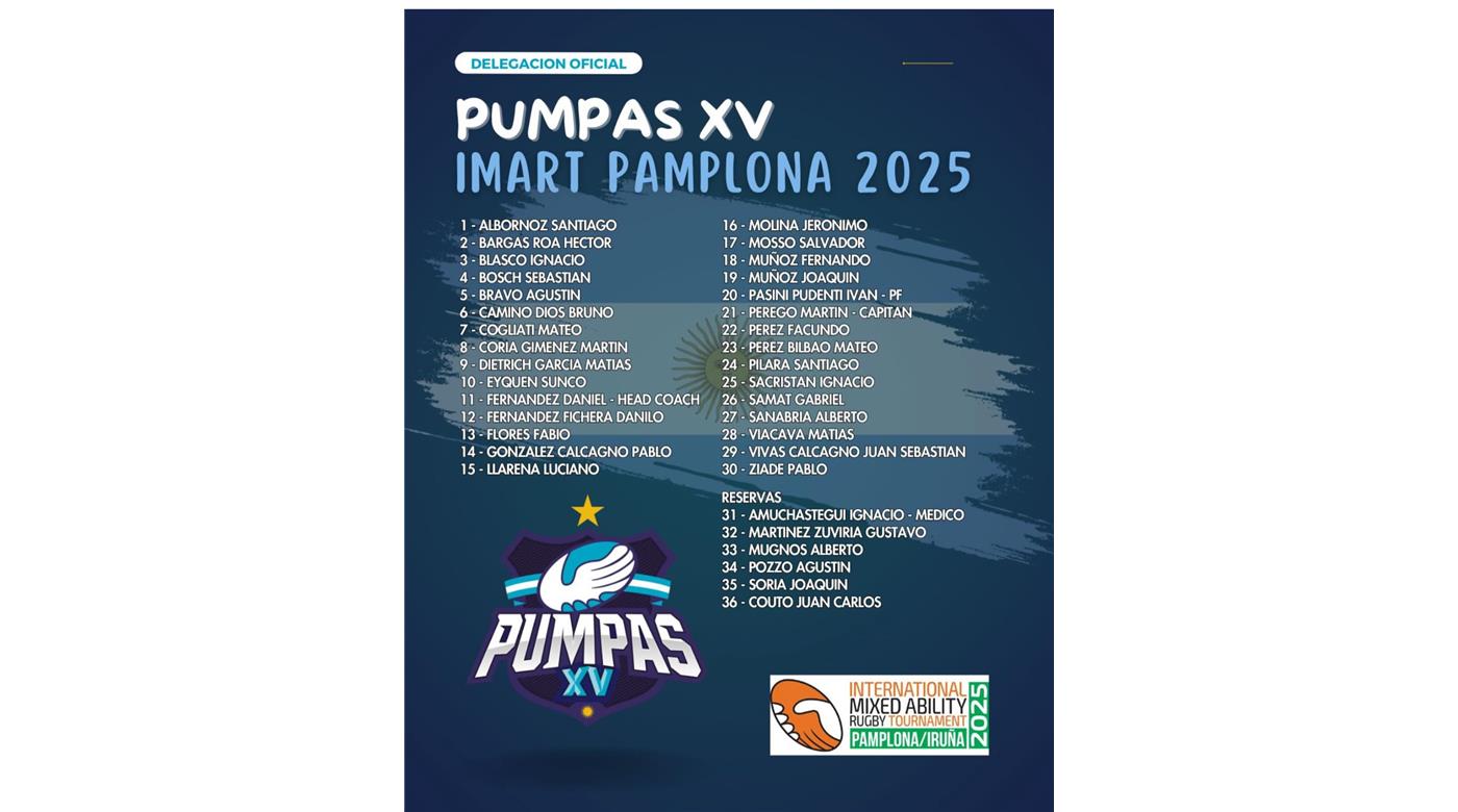 PUMPAS XV REPRESENTARÁ A ARGENTINA EN EL MUNDIAL DE RUGBY MIXED ABILITY EN PAMPLONA, ESPAÑA